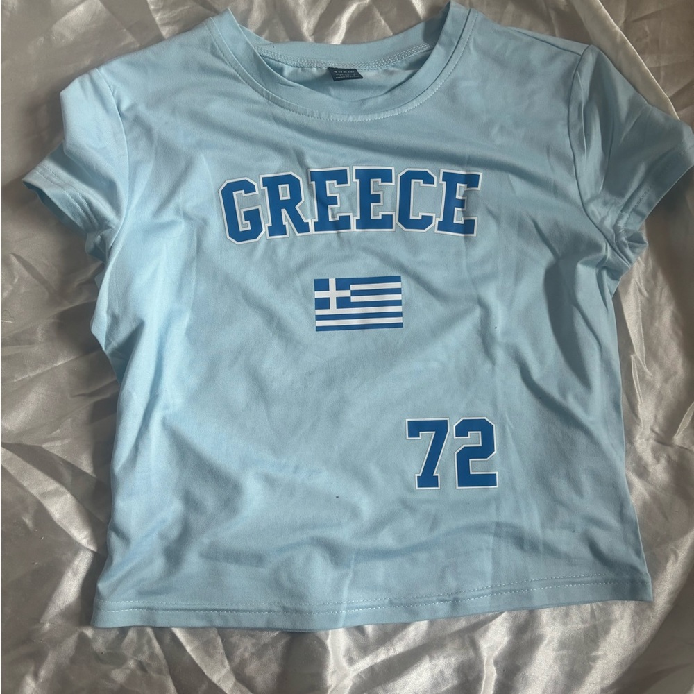 SHEIN Light Blue Short Sleeve Tee with Greece Print